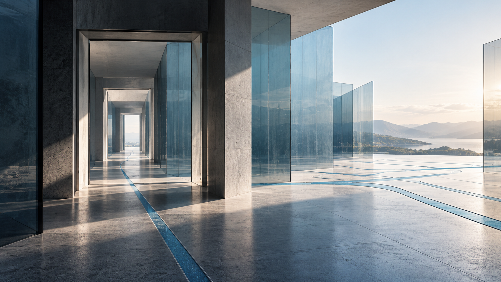 Abstract architecture with a blue route opening from a corridor into a broader space.