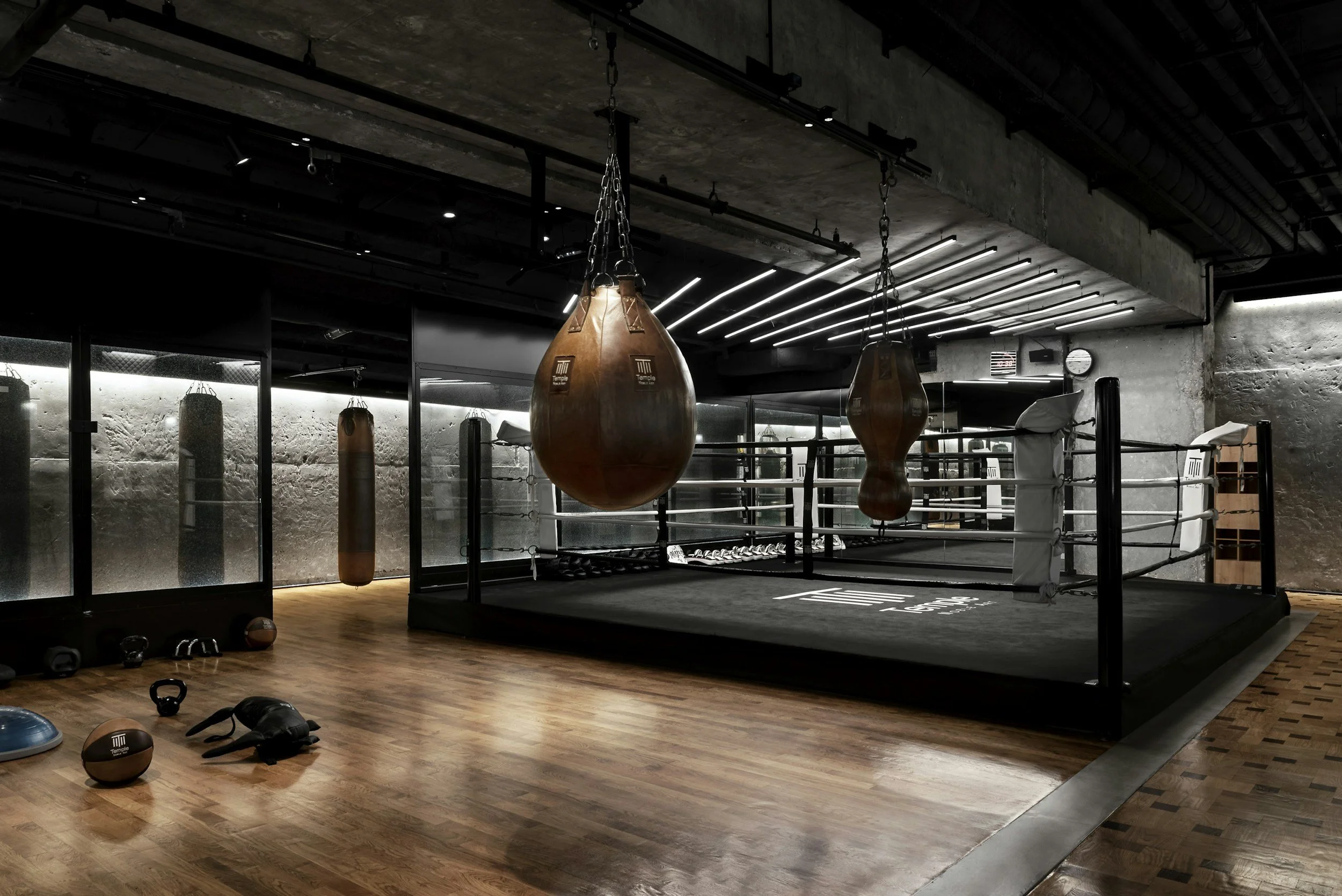 Empty boxing gym with punching bags hanging from the ceiling, a boxing ring, boxing gloves, kettlebells, medicine balls, and a wooden floor.