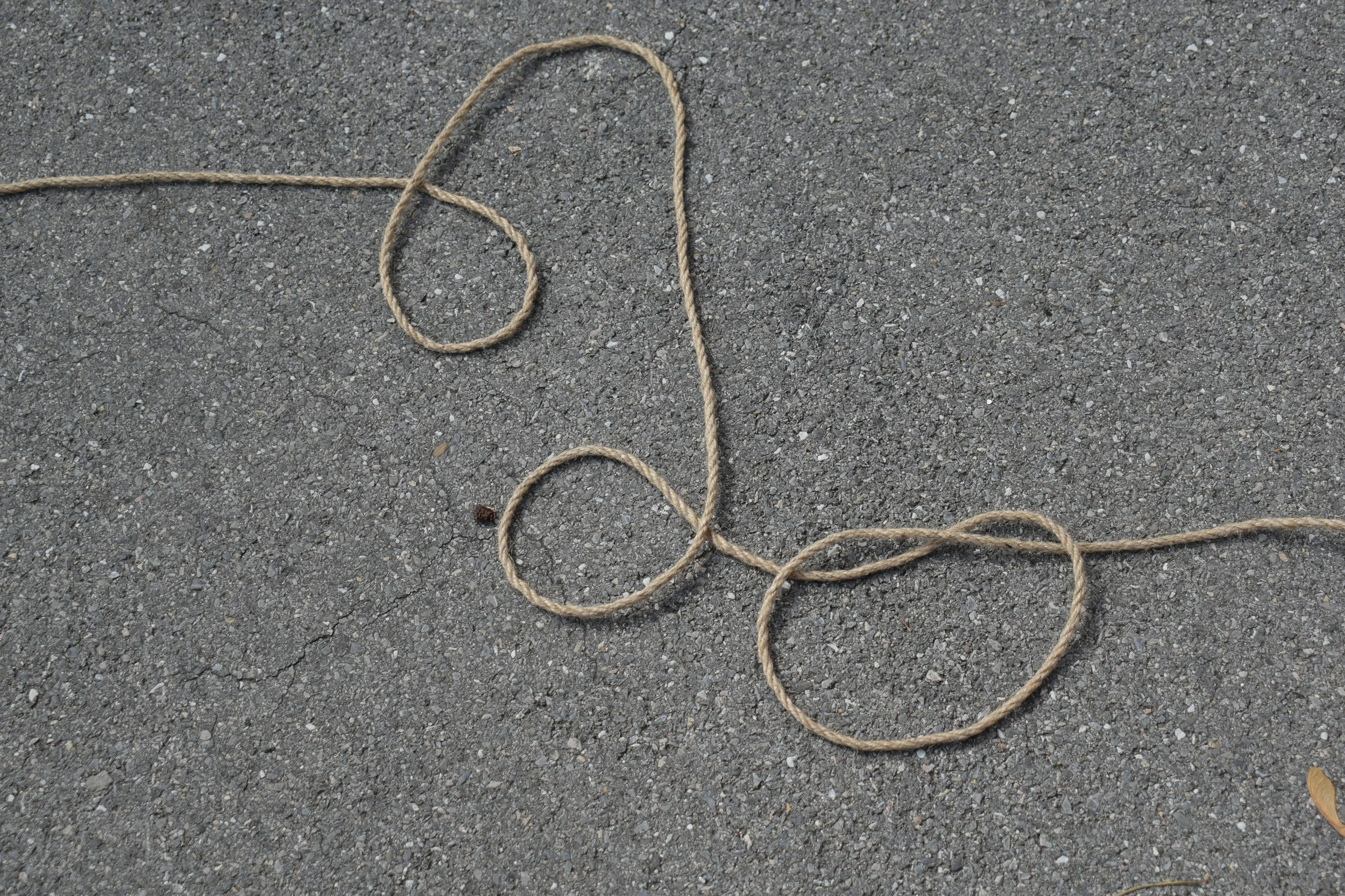 A length of frayed rope lying on a dark asphalt surface with some cracks and scattered small pebbles.