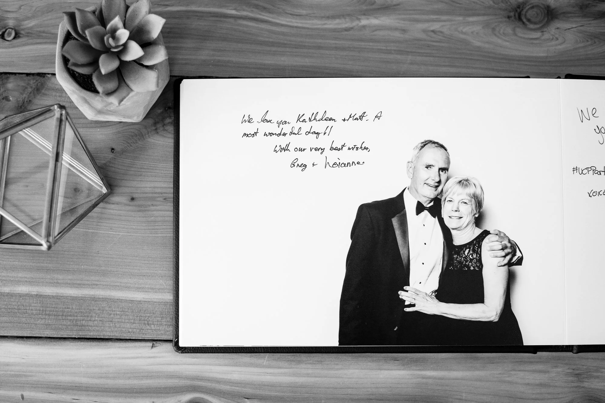 black and white portraits in a wedding guestbook with handwritten messages from guests