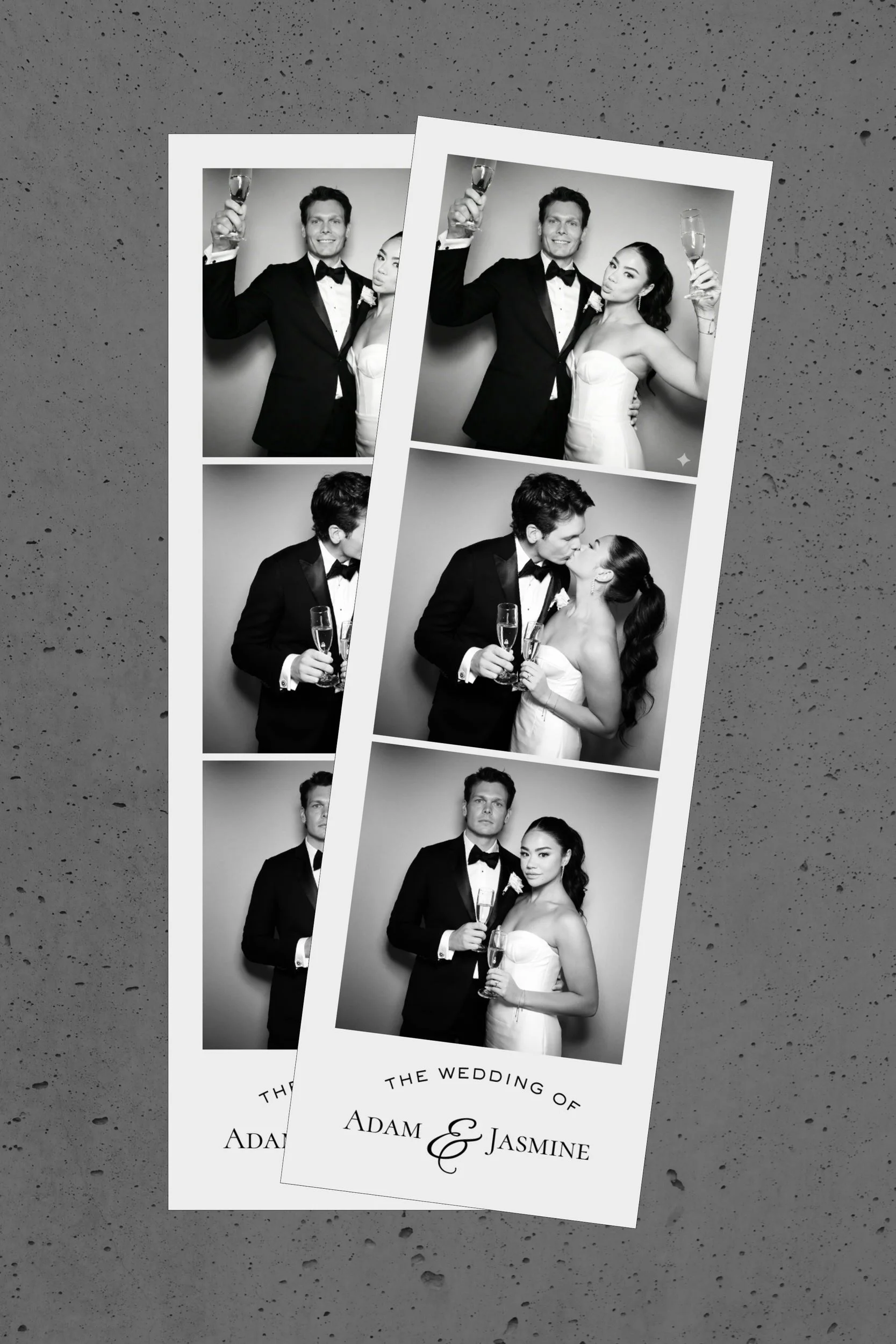 photo booth strip printouts with three photos and a branding on a grey speckled background