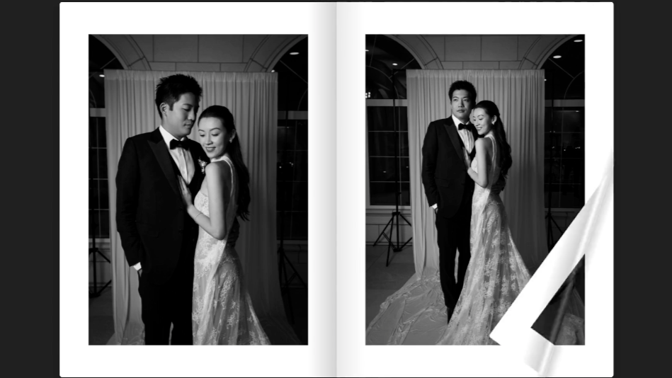 a mockup image, of a an open album featuring black and white portraits of a bride and groom. a page is curled in the bottom right corner to suggest a page being flipped in an album.