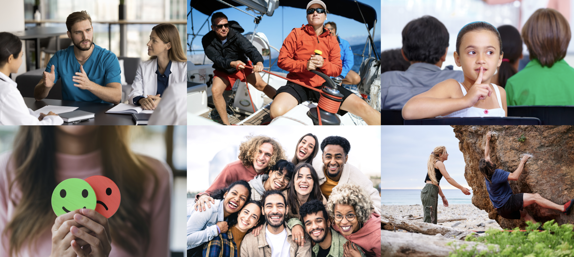 A collage of everyday moments: a team meeting, a sailing crew at work, a girl in a classroom, someone holding a smiling and a frowning face, a group of friends, and two friends climbing by the sea