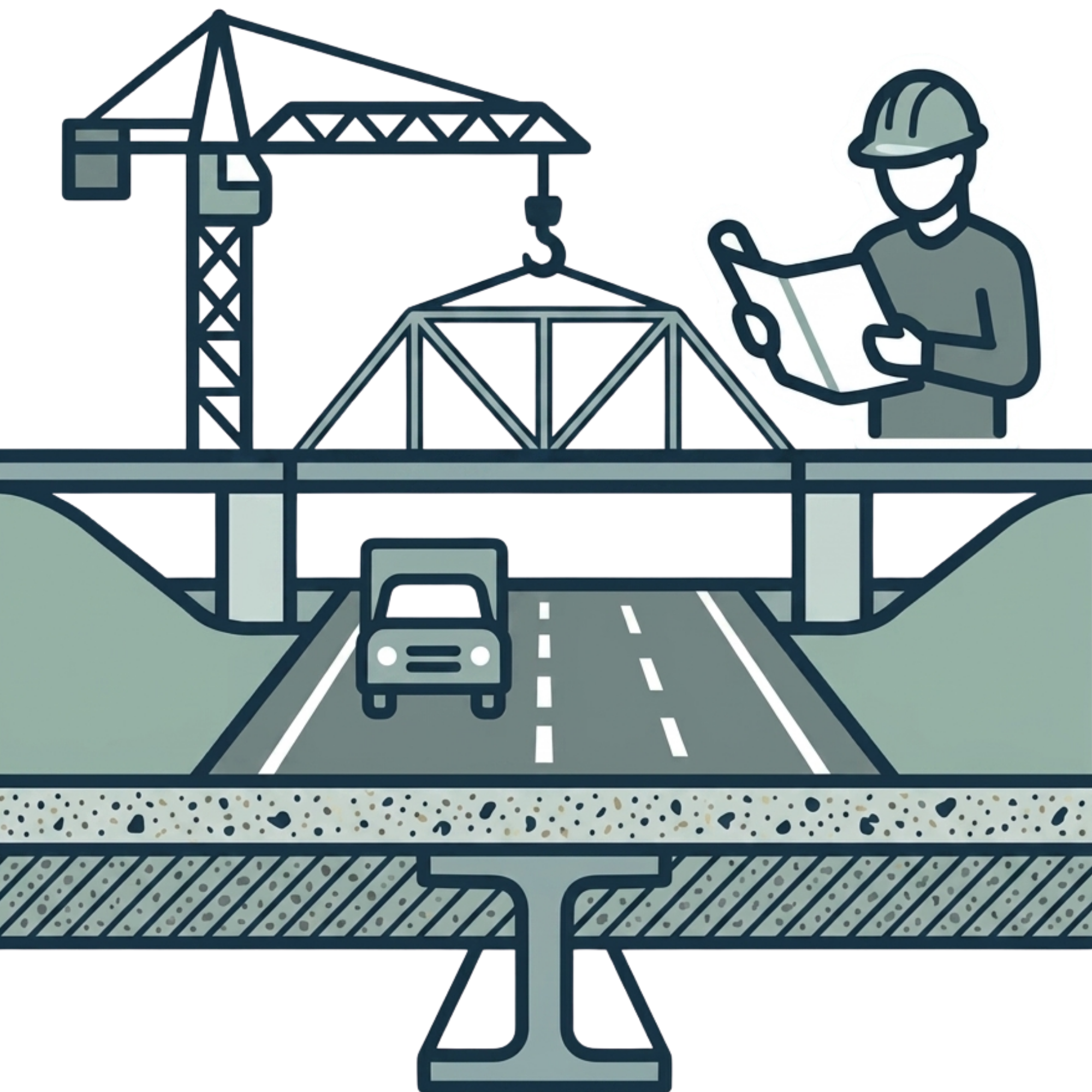 Illustration of a construction site with a crane, a bridge, a worker wearing a hard hat reading a blueprint, and a road with cars.