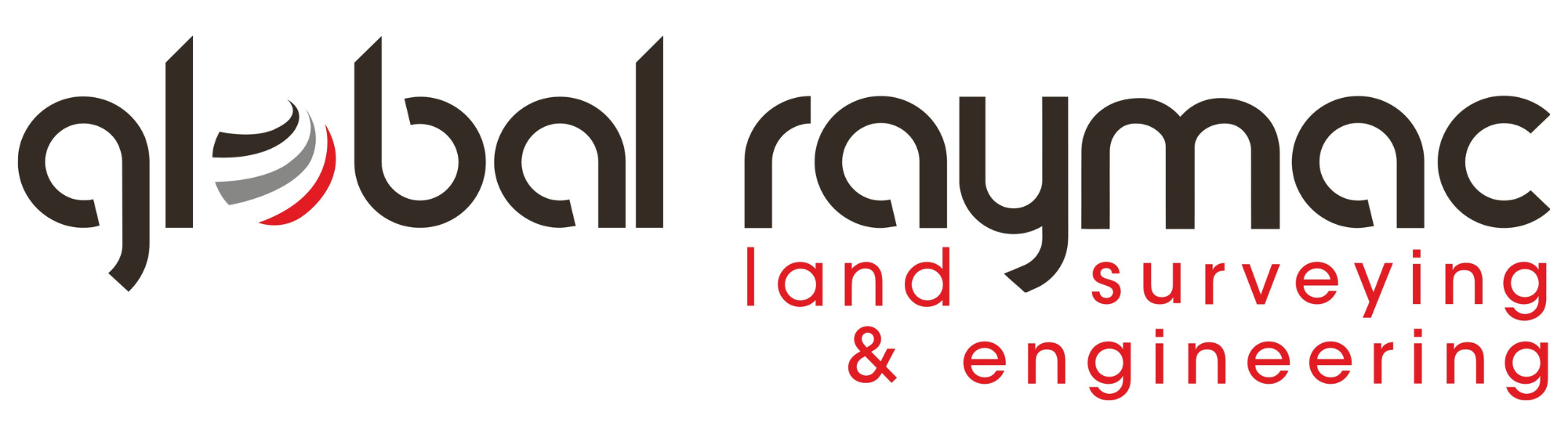 Logo for global geomatics, land surveying, and engineering company with stylized black, gray, and red swirl icon and text.