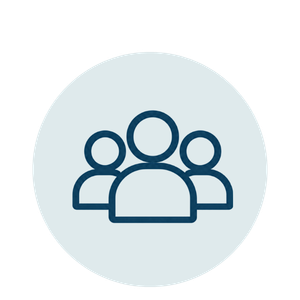 Icon of three people, with one larger figure in the front and two smaller figures behind, representing a group or team.
