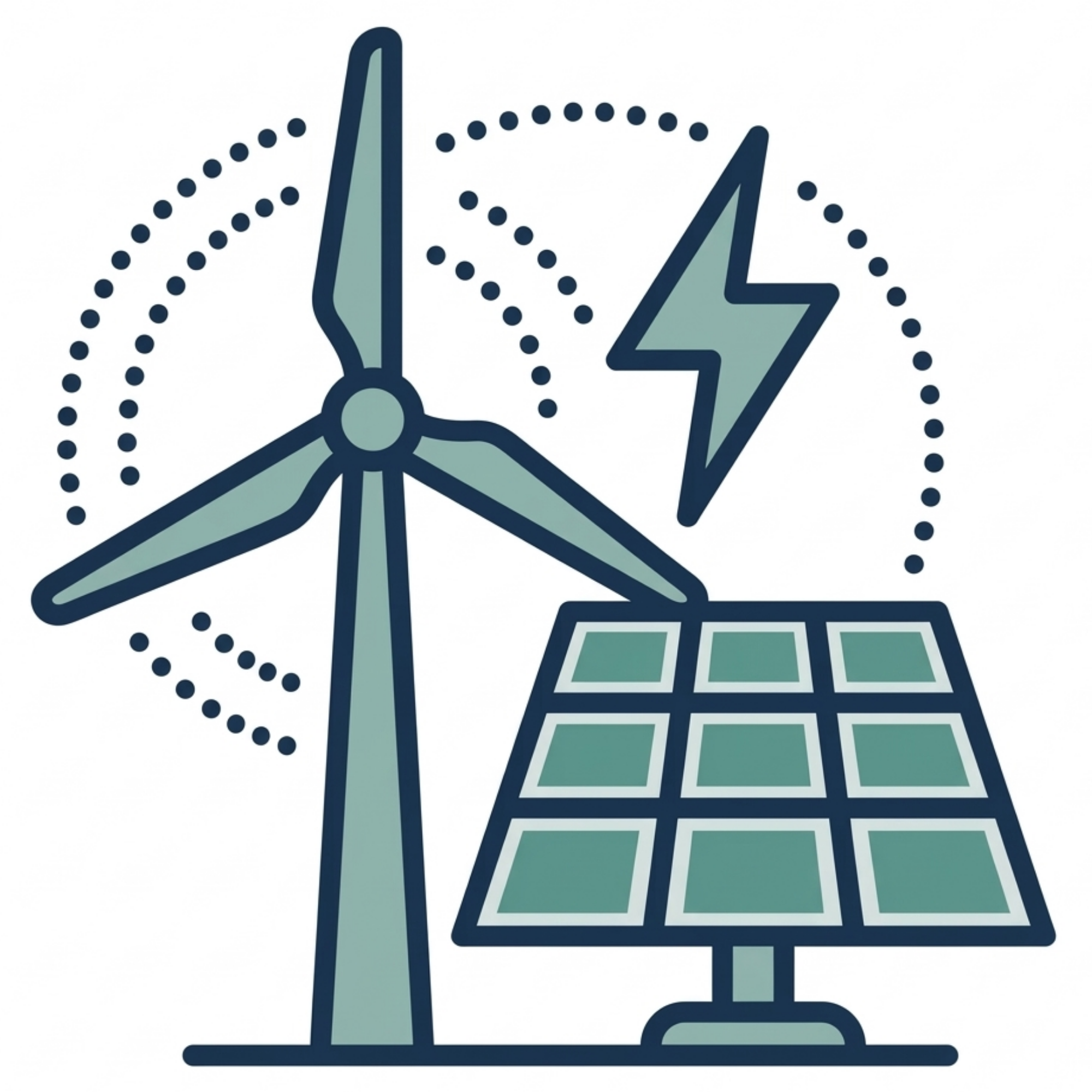 Illustration of a wind turbine and solar panels with a lightning bolt symbol, representing renewable energy sources.