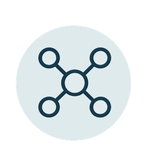 A simple line icon of a molecule structure with a central circle connected to four surrounding circles.