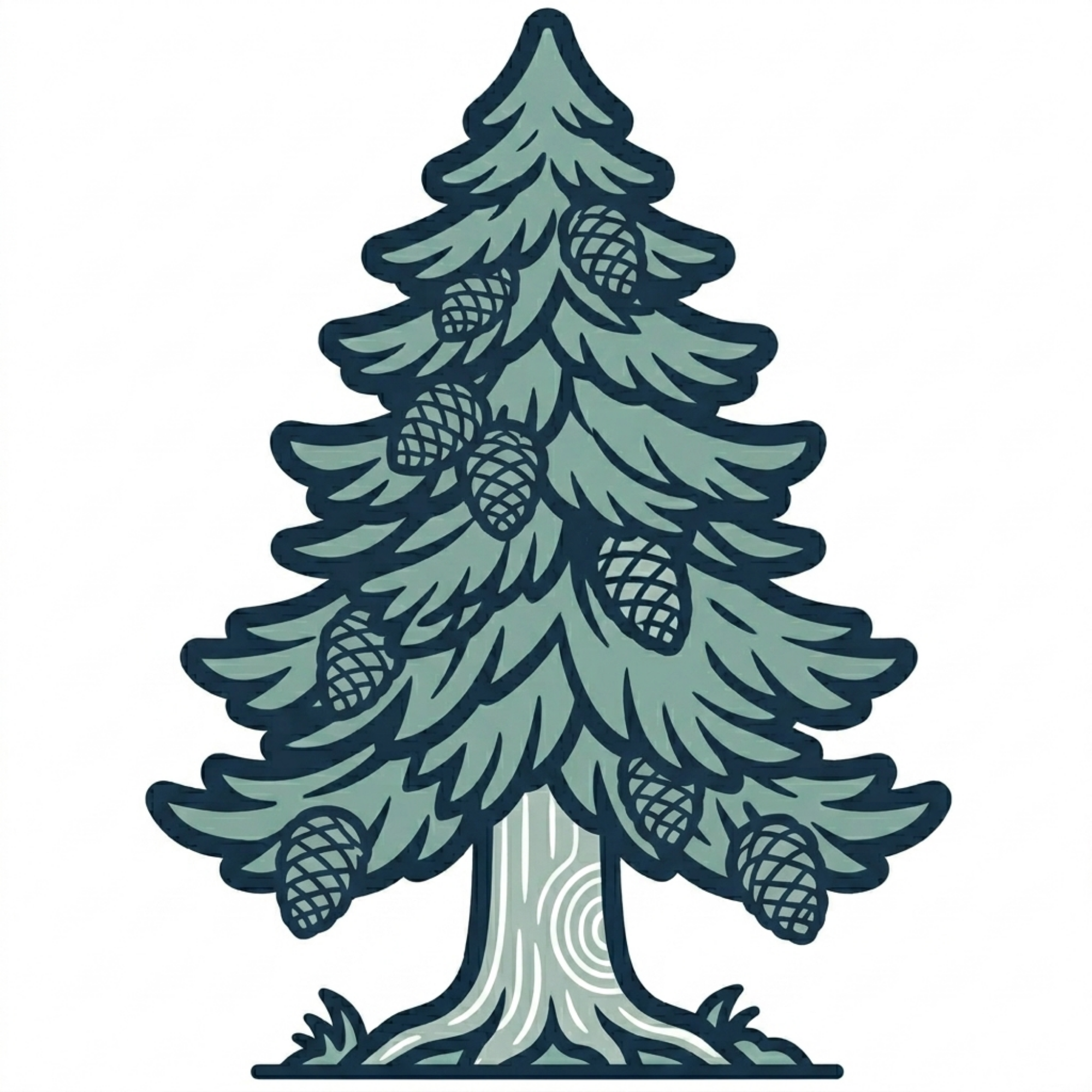 A stylized illustration of a fir tree with pinecones.