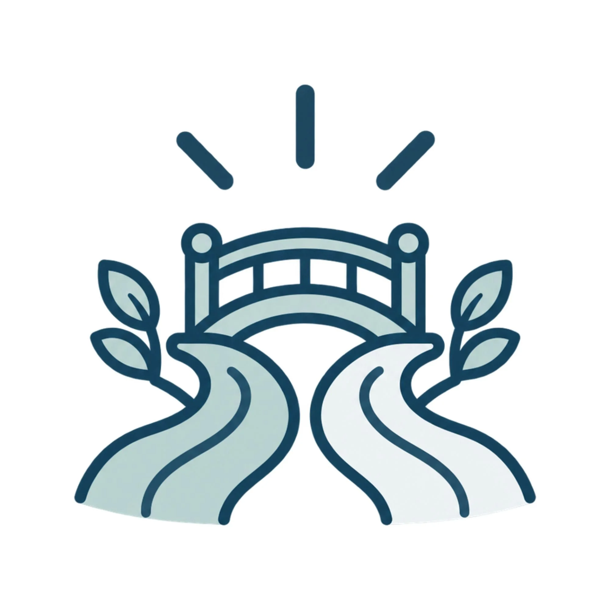 Close-up of a stylized clock icon and a logo with a bridge