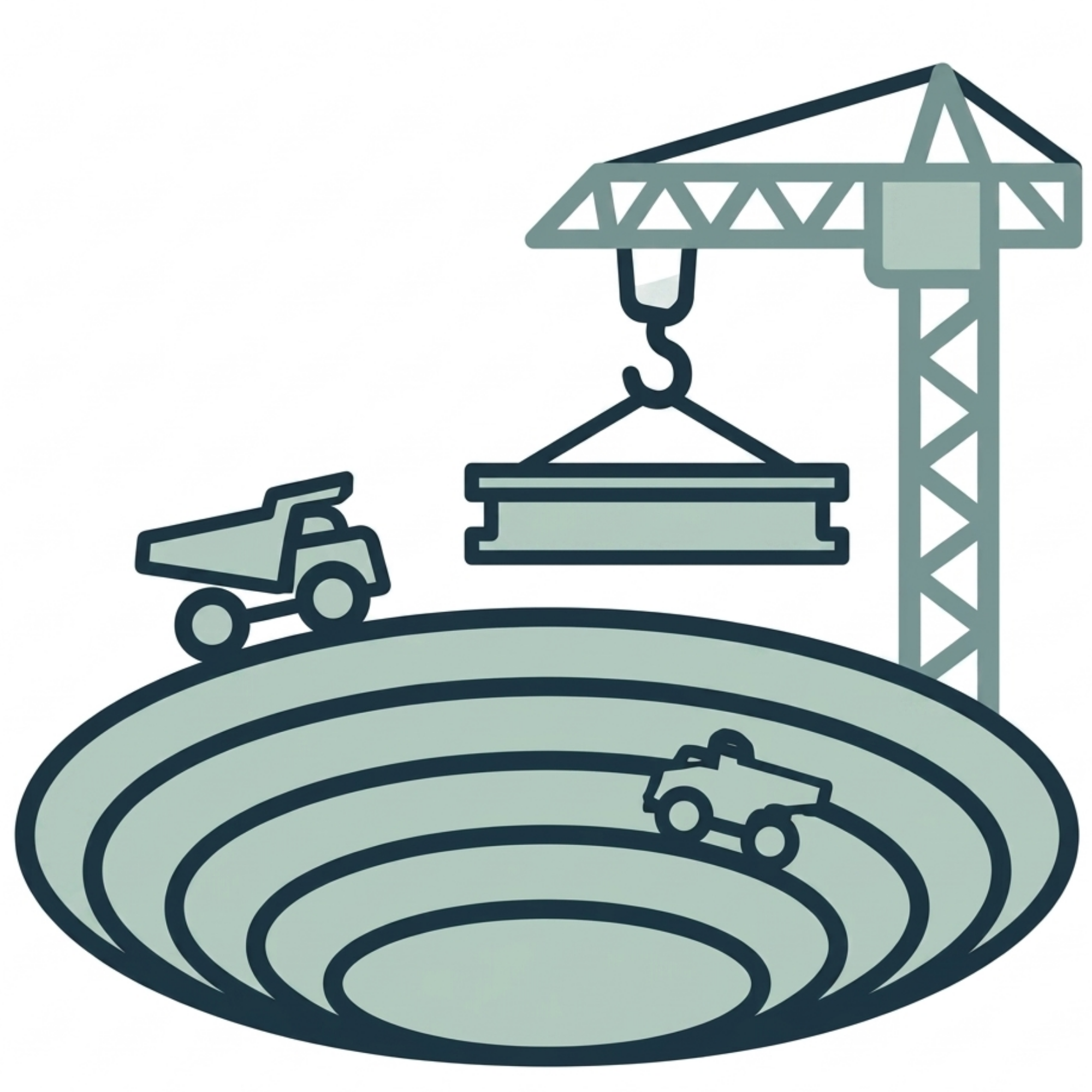 Simplified illustration of construction crane lifting a beam over a building site with a small truck nearby.