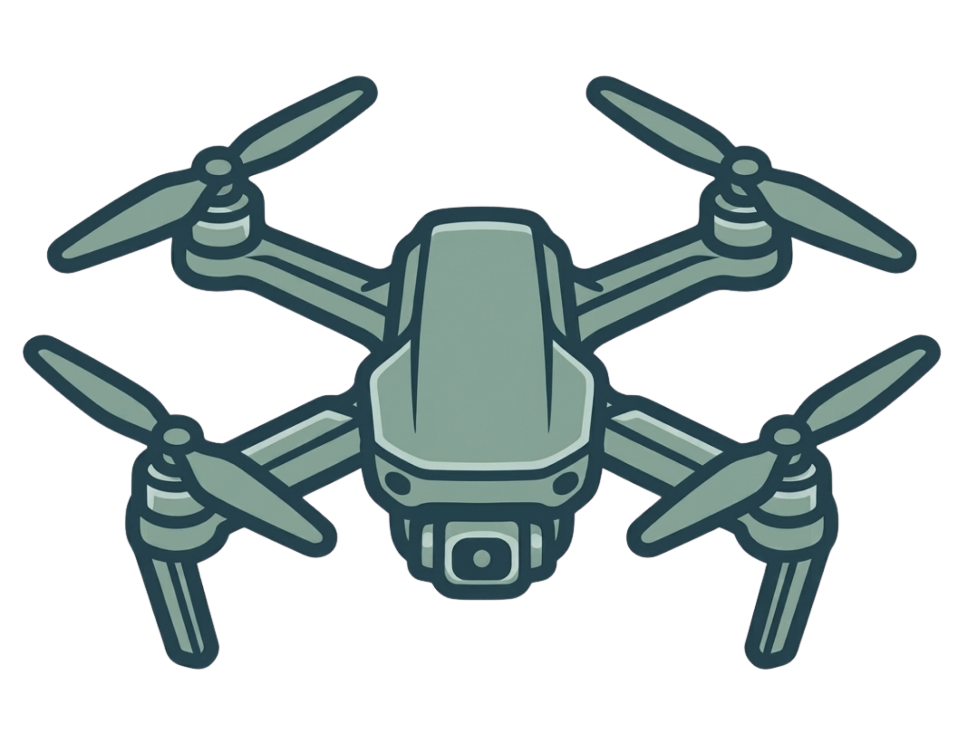 Front view of a gray quadcopter drone with four propellers and a camera mounted on the bottom.