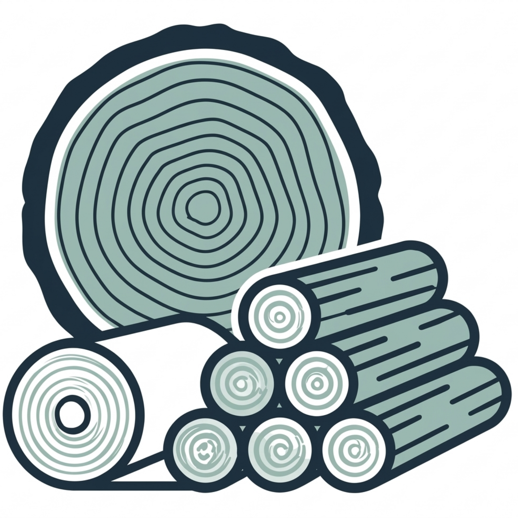 Stylized illustration of a wooden tree cross-section with concentric growth rings surrounded by black and white borders.