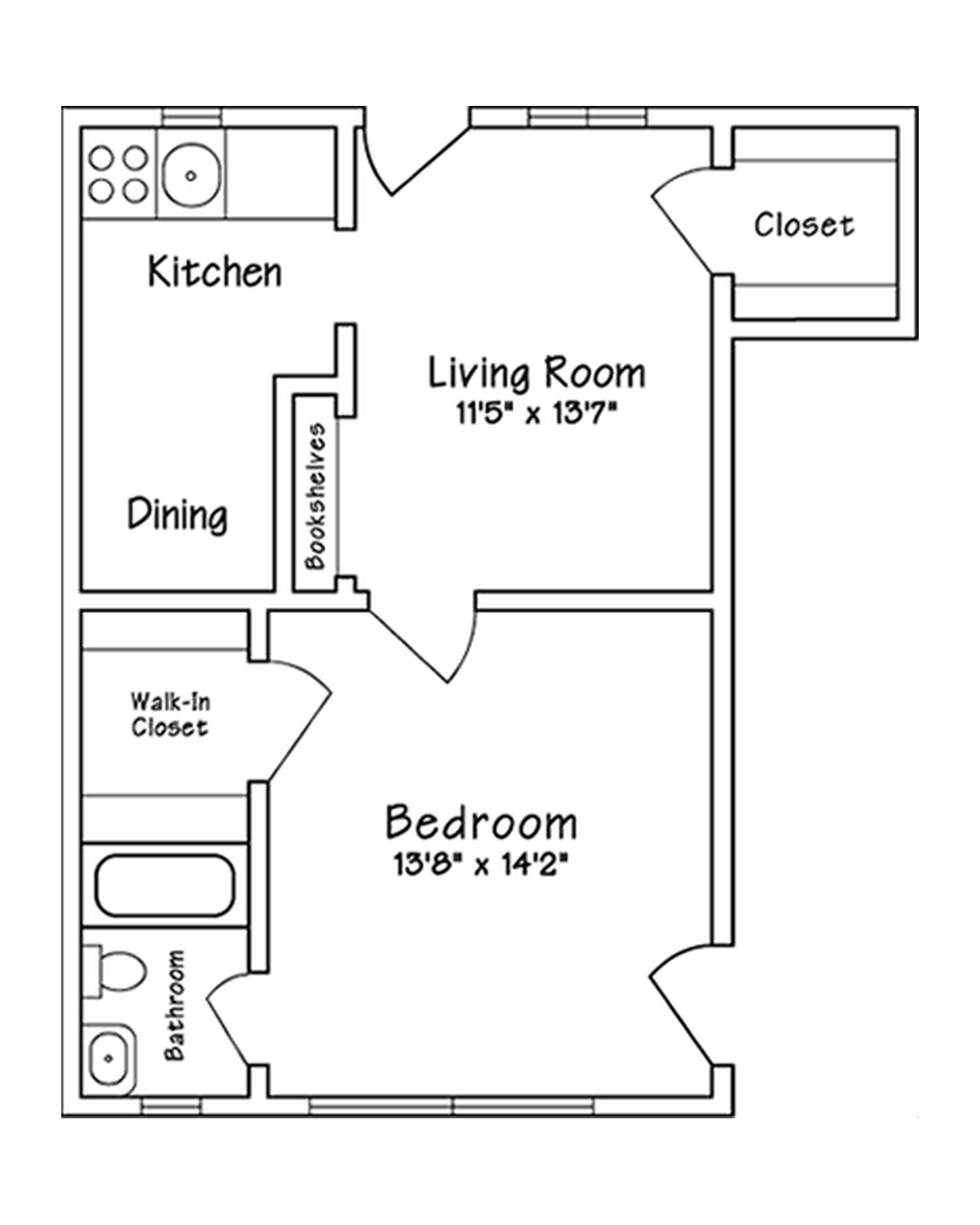 Floor plan of a residence showing a bedroom, bathroom, walk-in closet, living room, kitchen, and dining area.