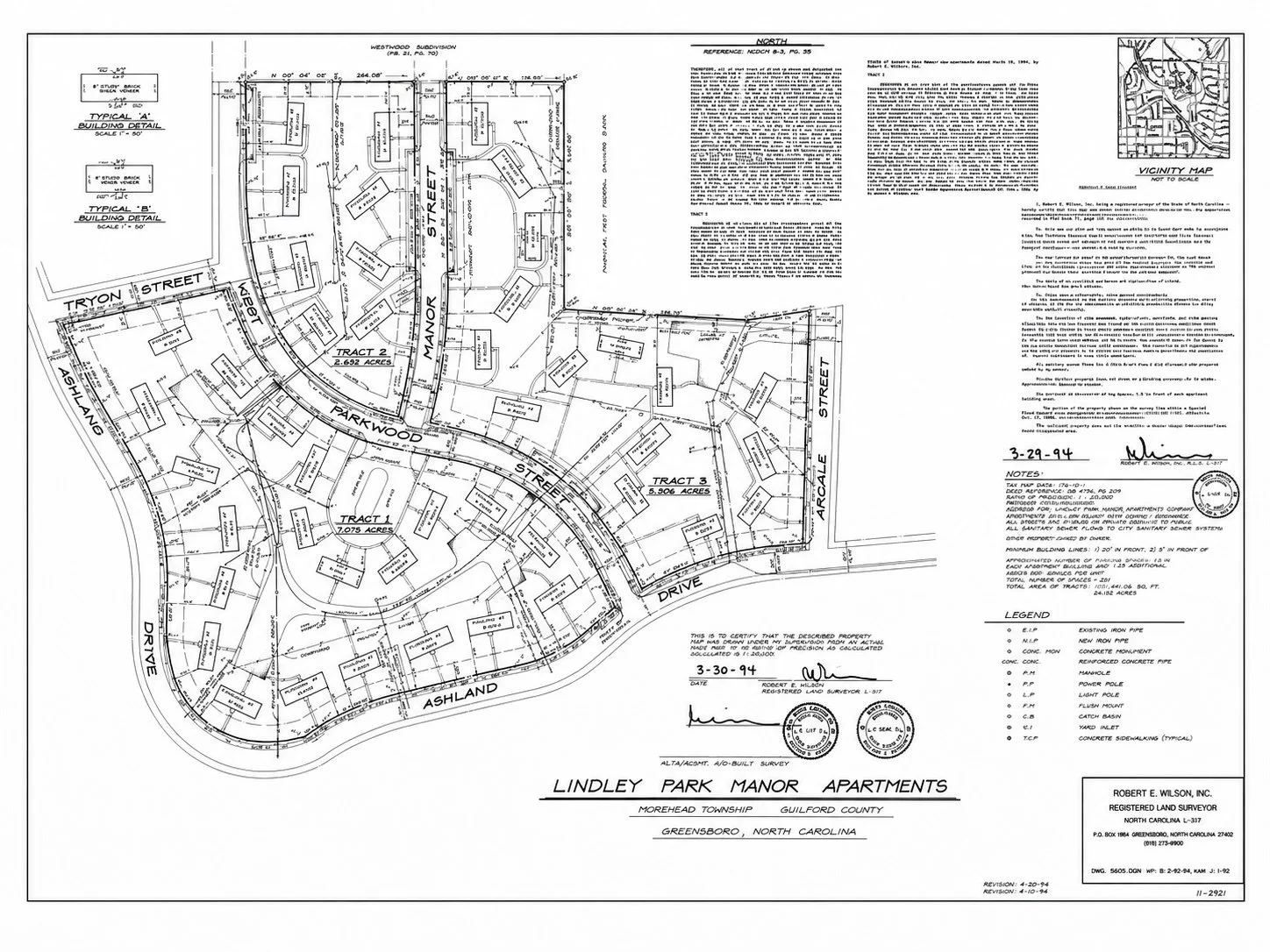 A detailed blueprint map of Lindley Park Manor Apartments in Greensboro, North Carolina, showing street layouts, lot divisions, and individual apartment units with labels and measurements.