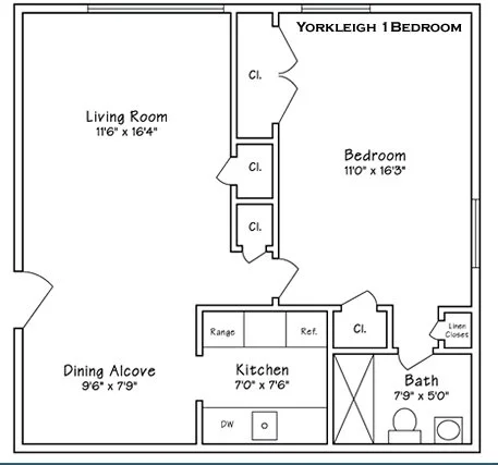 Floor plan of a one-bedroom apartment with a living room, bedroom, dining alcove, kitchen, bathroom, and closets.