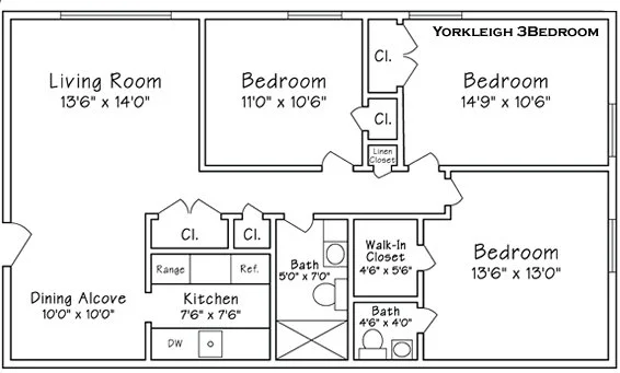 Floor plan of a three-bedroom apartment showing labeled areas including a living room, dining alcove, kitchen, three bedrooms, two bathrooms, linen closet, walk-in closet, and closets in the bedrooms.