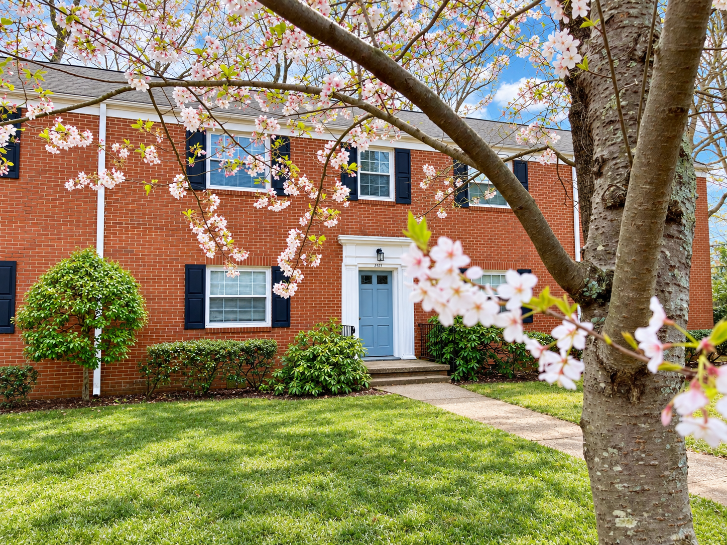 Brick house with blue front door, black shutters, and white trim, surrounded by green grass and shrubs, flowering tree with pink blossoms in the foreground, partly cloudy sky.