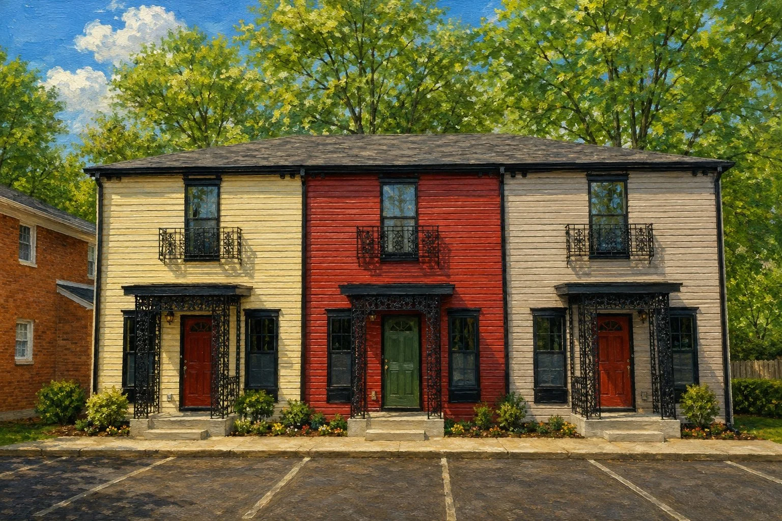 A two-story building with a colorful facade, featuring yellow, red, and beige sections, black decorative ironwork around the entrances, and small balconies on the second floor. There are three doors in the front, each with steps leading up to them, and a parking lot with marked spaces in front. The background has green trees and a blue sky with some clouds.