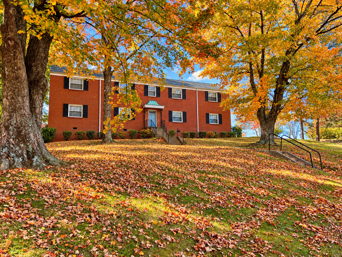 A brick residential building with black shutters and blue front door, surrounded by large trees with orange and yellow autumn leaves, fallen leaves on the ground, and a small set of steps leading to the entrance.