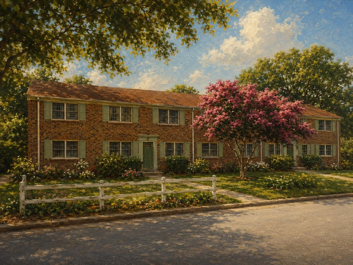 A two-story brick house with green shutters, surrounded by a well-kept lawn and colorful flowers. There is a blooming pink tree in front of the house, and the sky is partly cloudy.