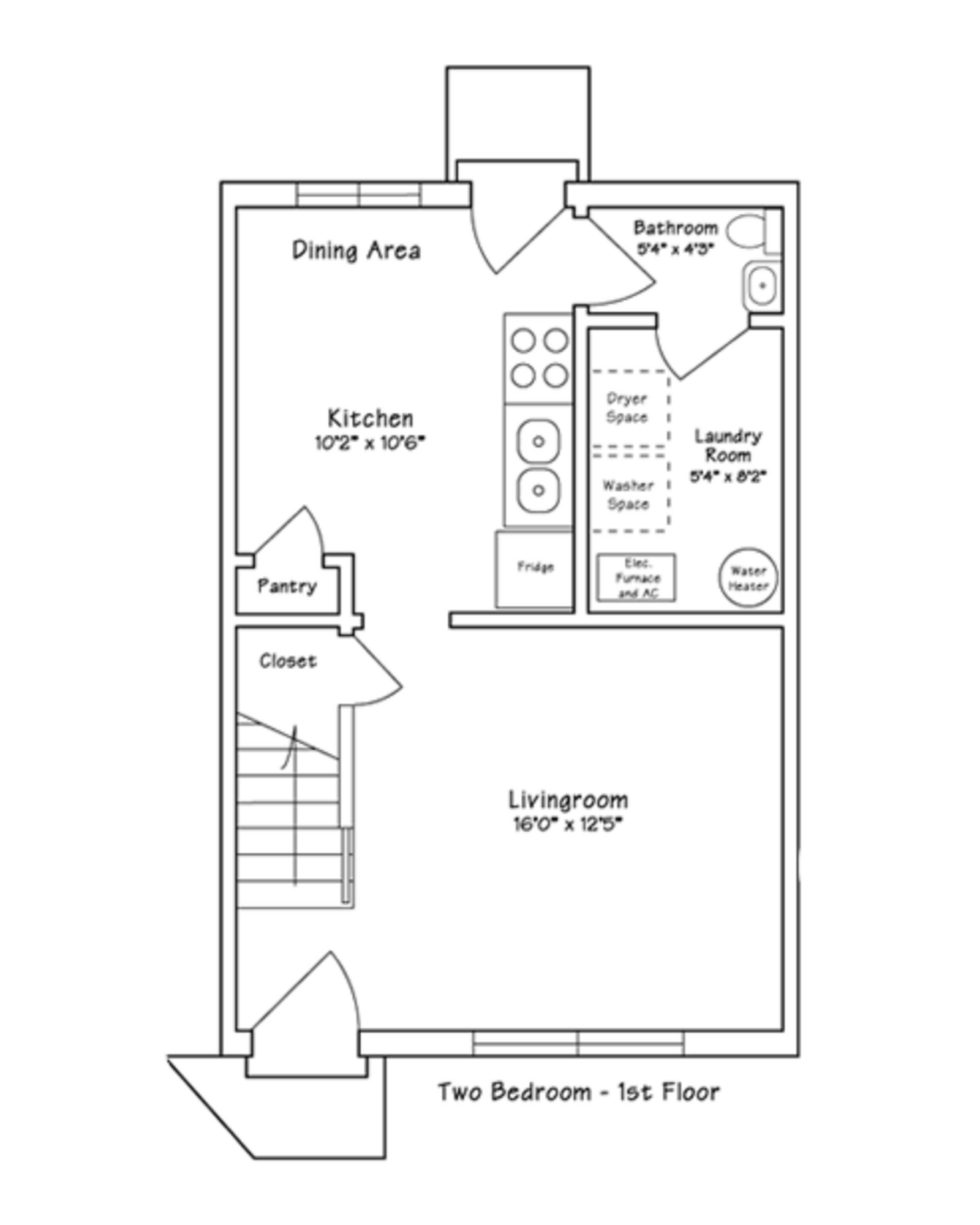 First-floor layout of a two-bedroom house with spaces labeled including living room, kitchen, dining area, pantry, closet, laundry room, bathroom, and stairway.