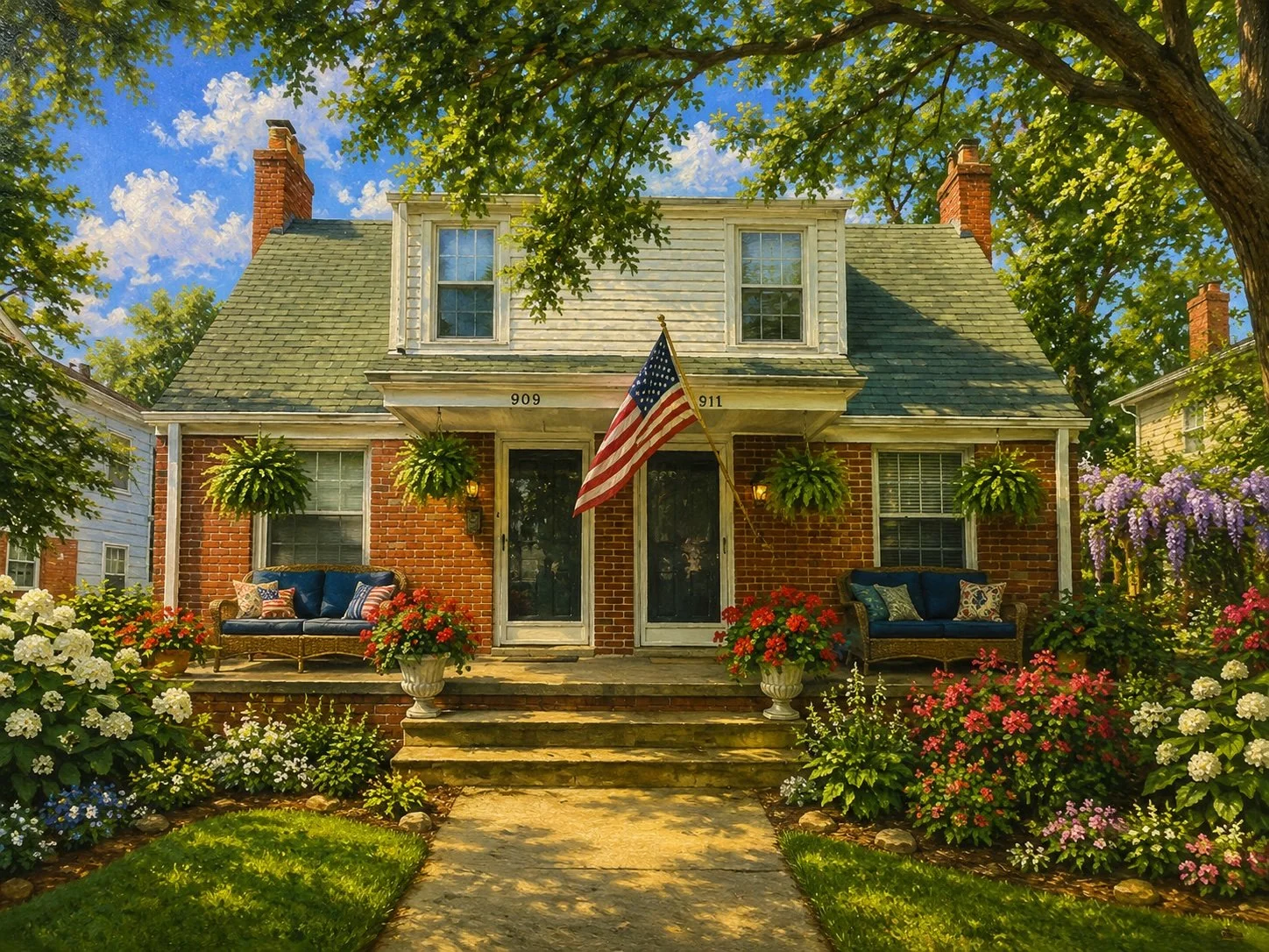A brick house with two stories and a sloped roof, decorated with hanging ferns and potted flowers on the front porch. An American flag hangs in front. The house is surrounded by a lush garden with colorful flowers and trees.