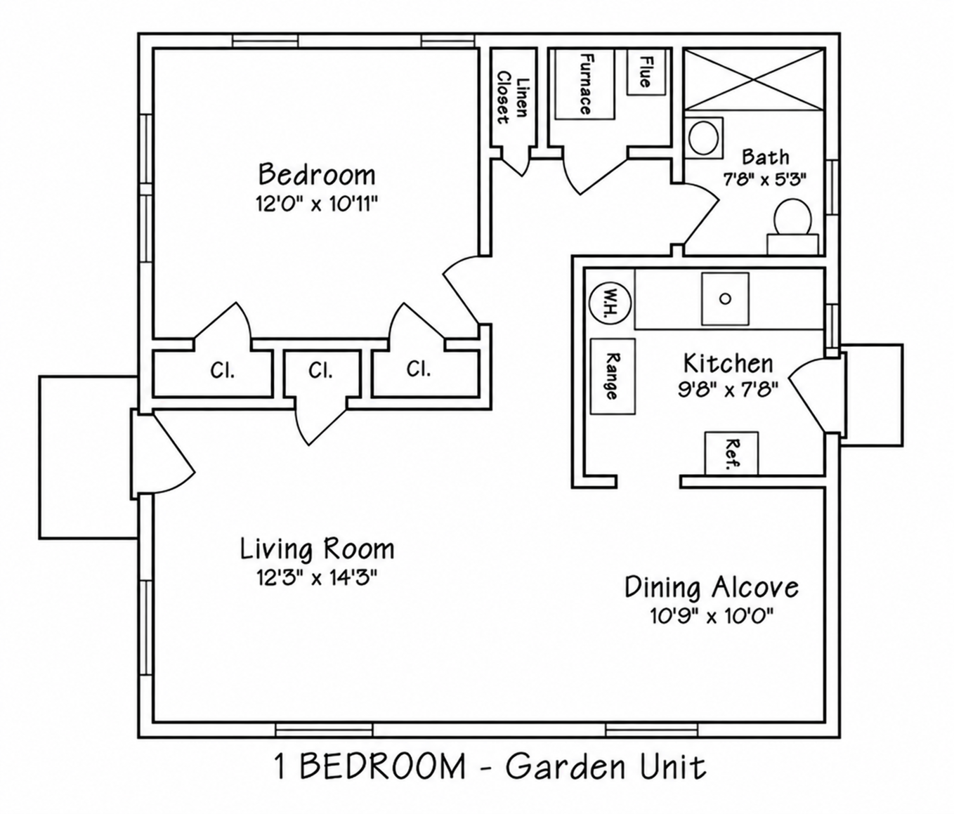 Floor plan of a one-bedroom garden unit with a bedroom, living room, kitchen, dining alcove, bathroom, and storage spaces.
