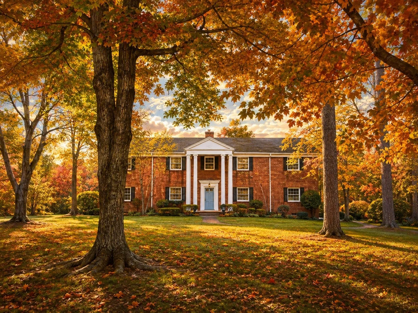 A large brick house with white columns, set in a yard with fall foliage and trees with orange and yellow leaves. The house has a blue front door, black shutters, and is illuminated by warm sunlight.