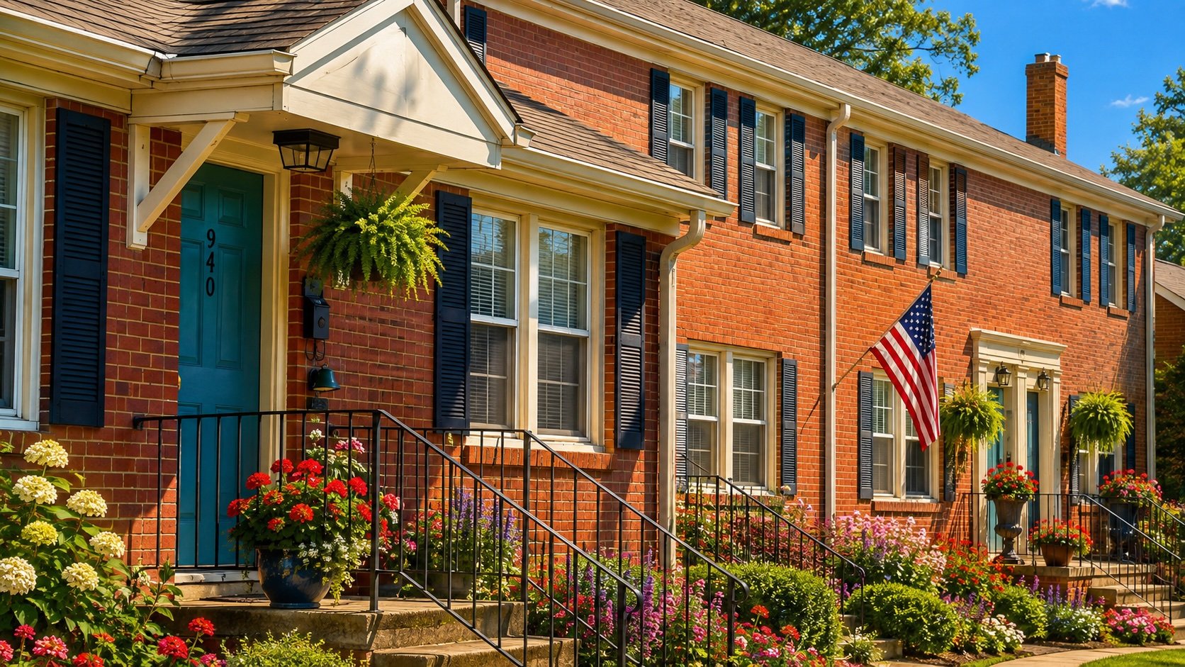 Red brick house with blue front door, black shutters, stairs with black railing, decorated with colorful flowers and hanging plants, American flag on the wall, trees and clear blue sky in the background.