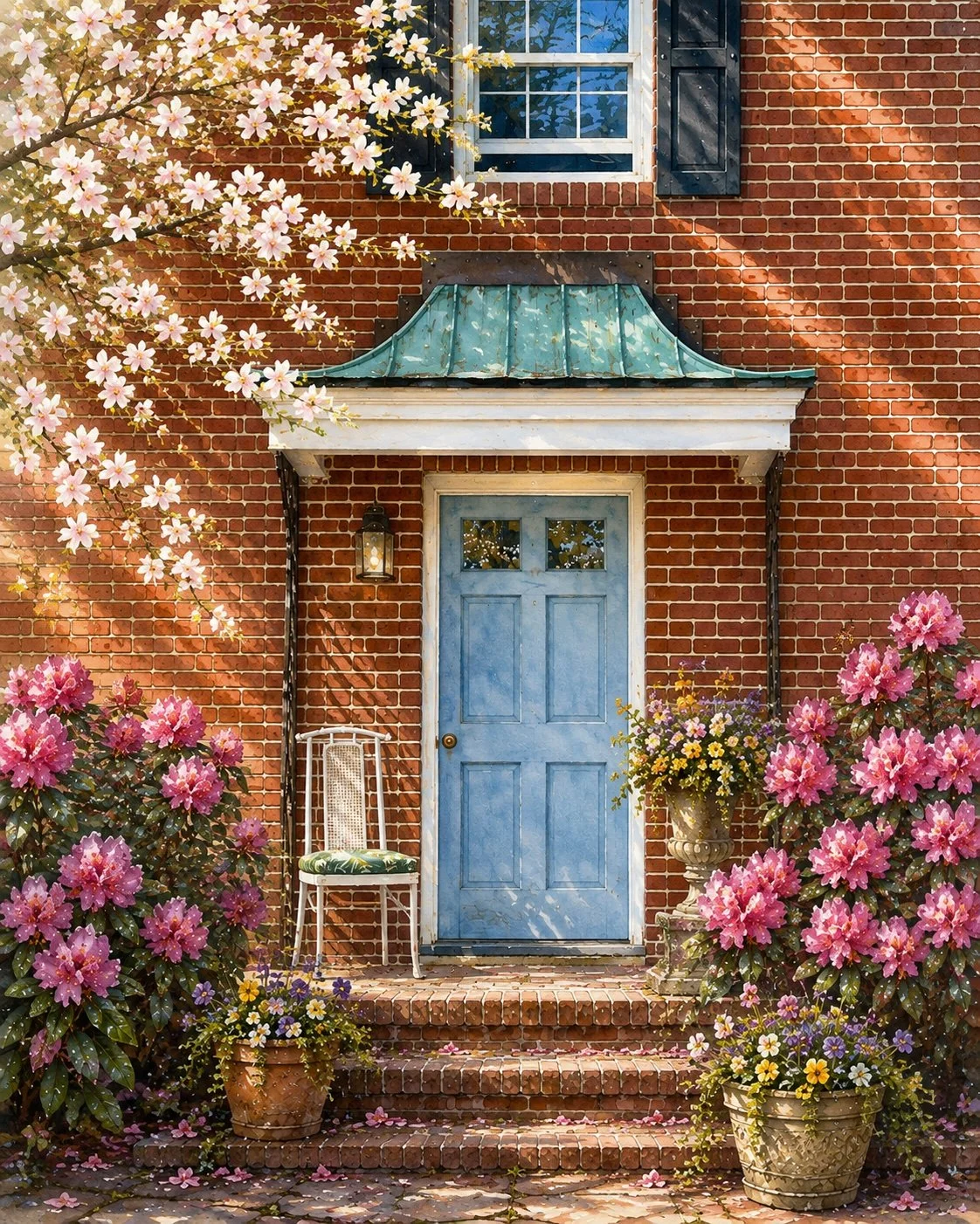 A brick house entrance with a blue door, surrounded by pink and purple flowers, with a white chair and large flower pots on the steps, and a spring or summer setting.
