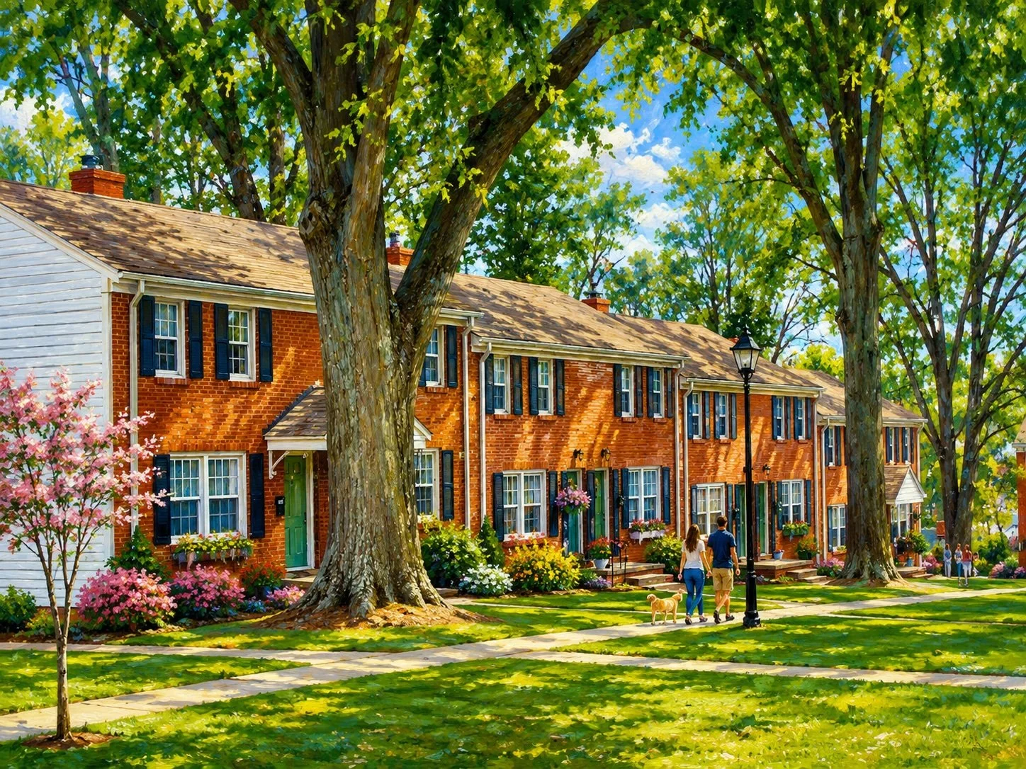 A residential neighborhood with brick townhouses, large trees, flowers, a sidewalk, and a couple walking a dog on a sunny day.