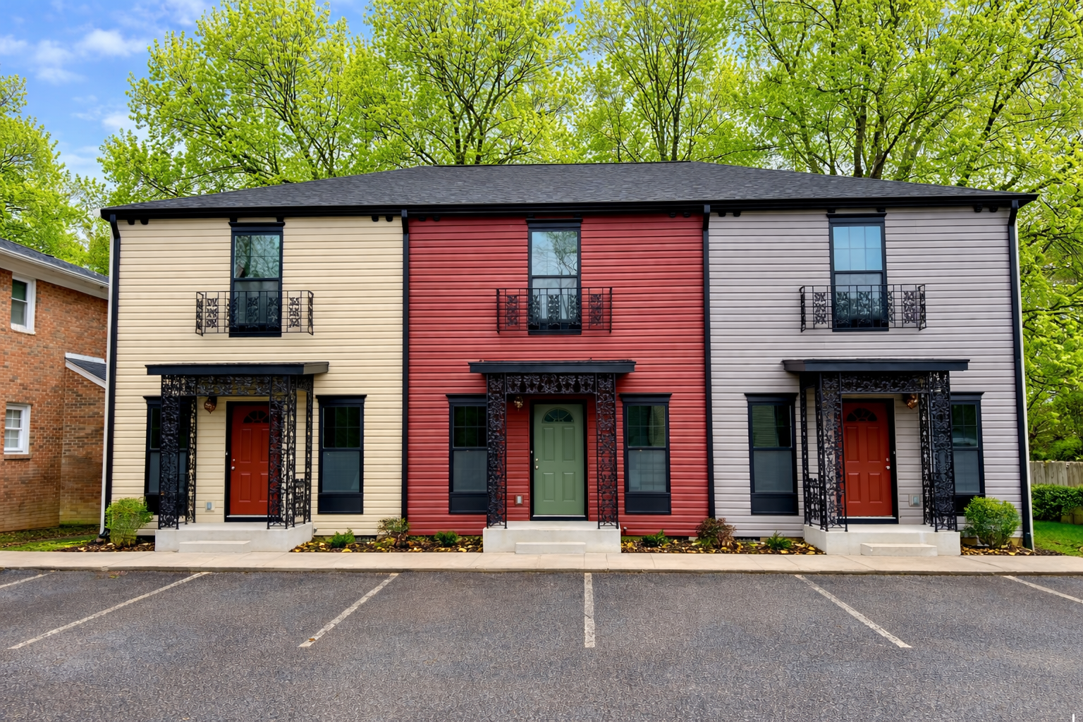A modern multifamily townhouse with three entrances, each with a different colored door, black decorative iron railings, and colorful siding in beige, red, and gray. The building is fronted by a parking lot with marked parking spaces, green bushes, and large trees in the background.
