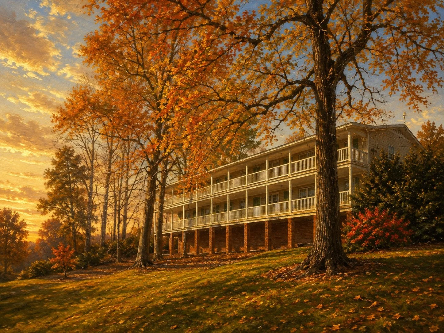 A large house with multiple balconies is situated on a hill among tall trees with orange and yellow leaves during autumn sunset.