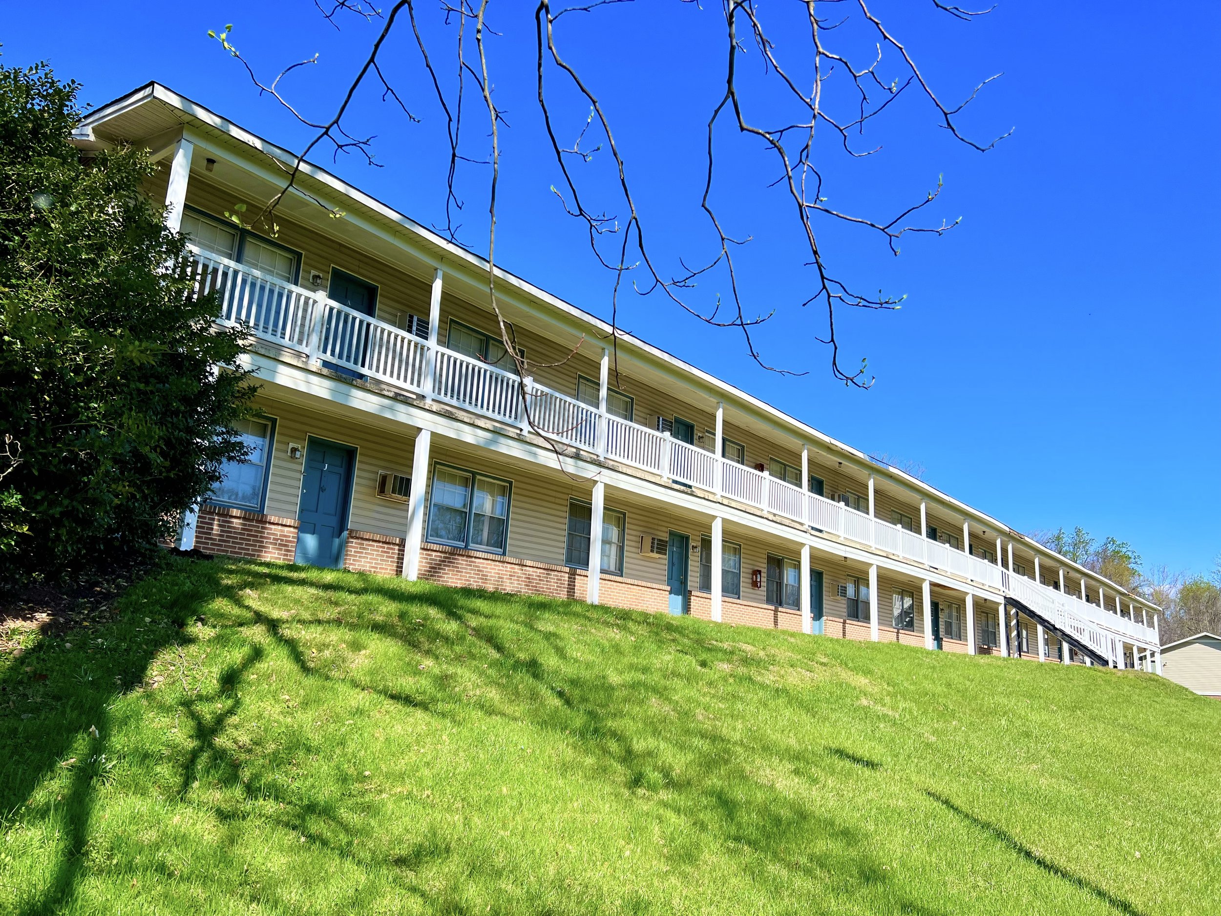 Multi-story residential building with white balconies, surrounded by green grass, bushes, and a tree with budding leaves, under a clear blue sky.