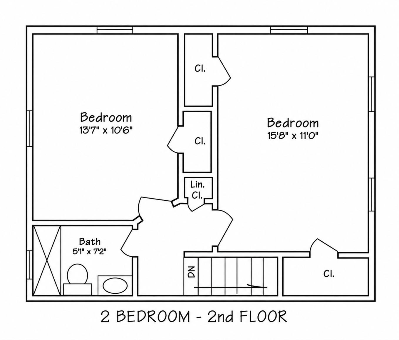 Floor plan of a second-story, two-bedroom apartment, showing two bedrooms, a bathroom, closets, and stairs.