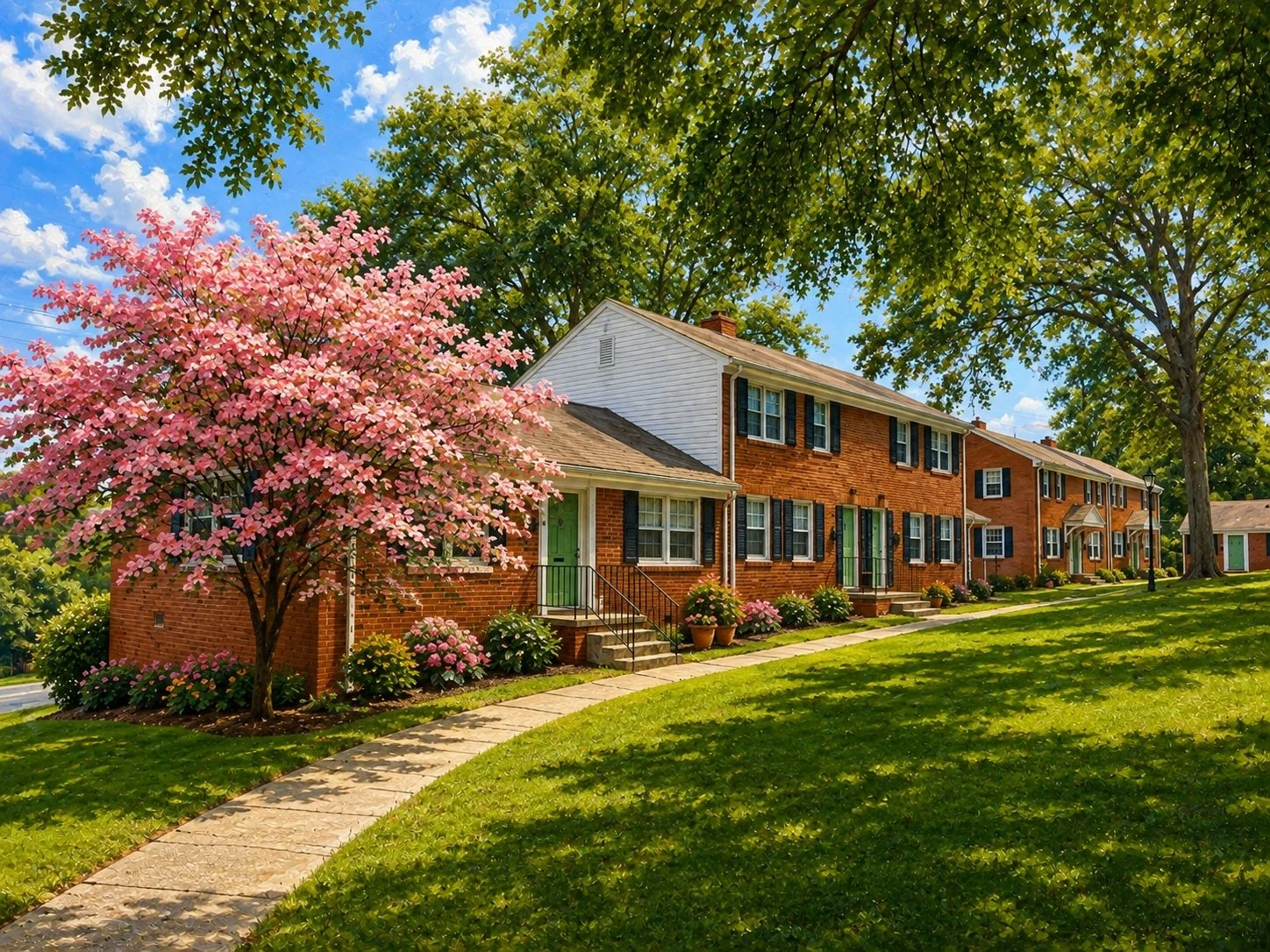 Series of brick townhouses with green doors, surrounded by well-kept lawns, flowers, pink flowering tree, and large green trees under a partly cloudy blue sky.