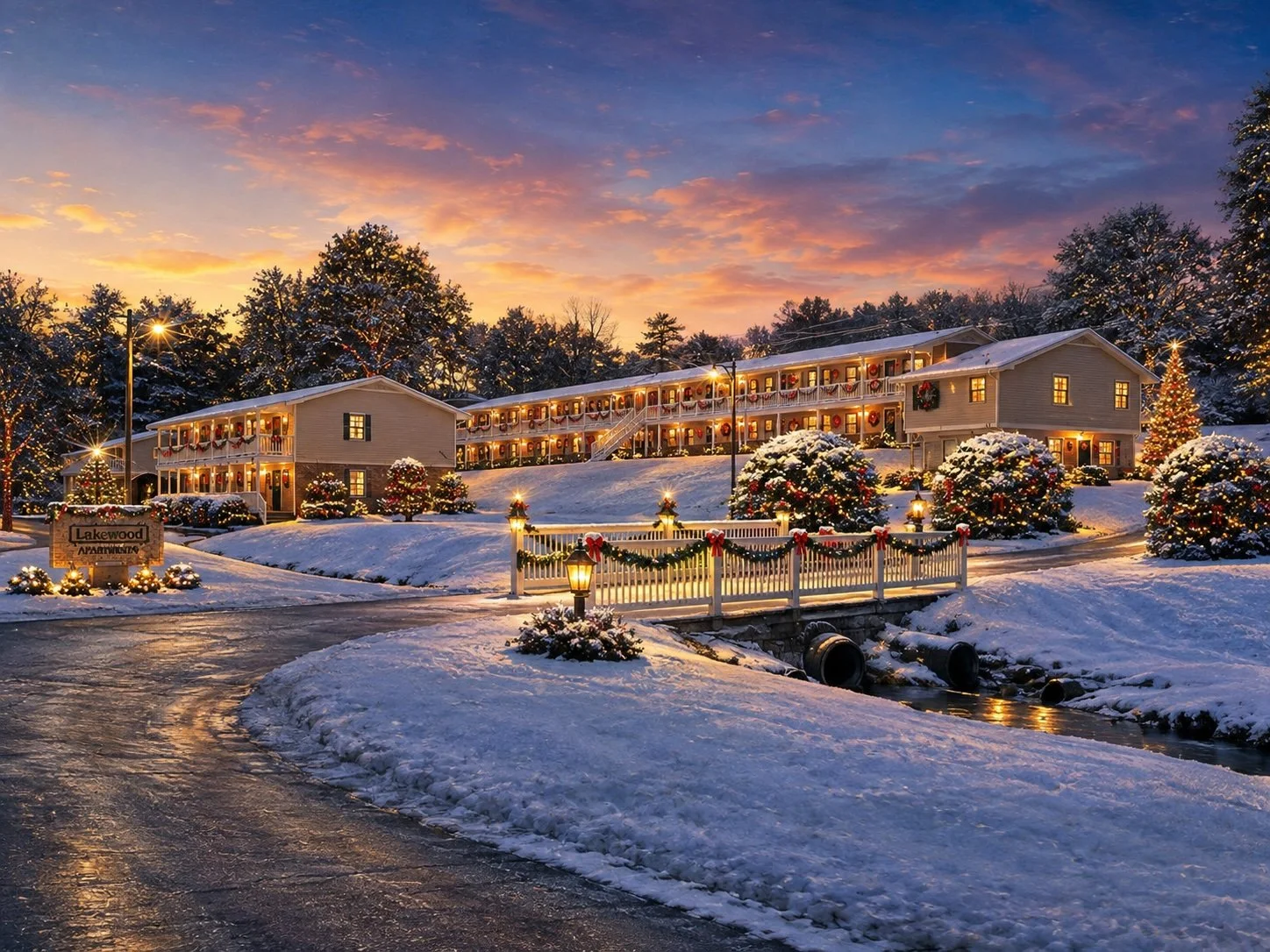 A snowy holiday scene at Lakewood Apartments during sunset with decorated Christmas trees, festive lights, and a lit walkway over a small creek.
