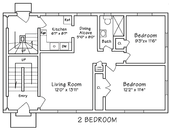 Floor plan of a two-bedroom house showing an entryway, staircase, living room, kitchen with appliances, dining alcove, bathroom, two bedrooms, closets, and a laundry closet.