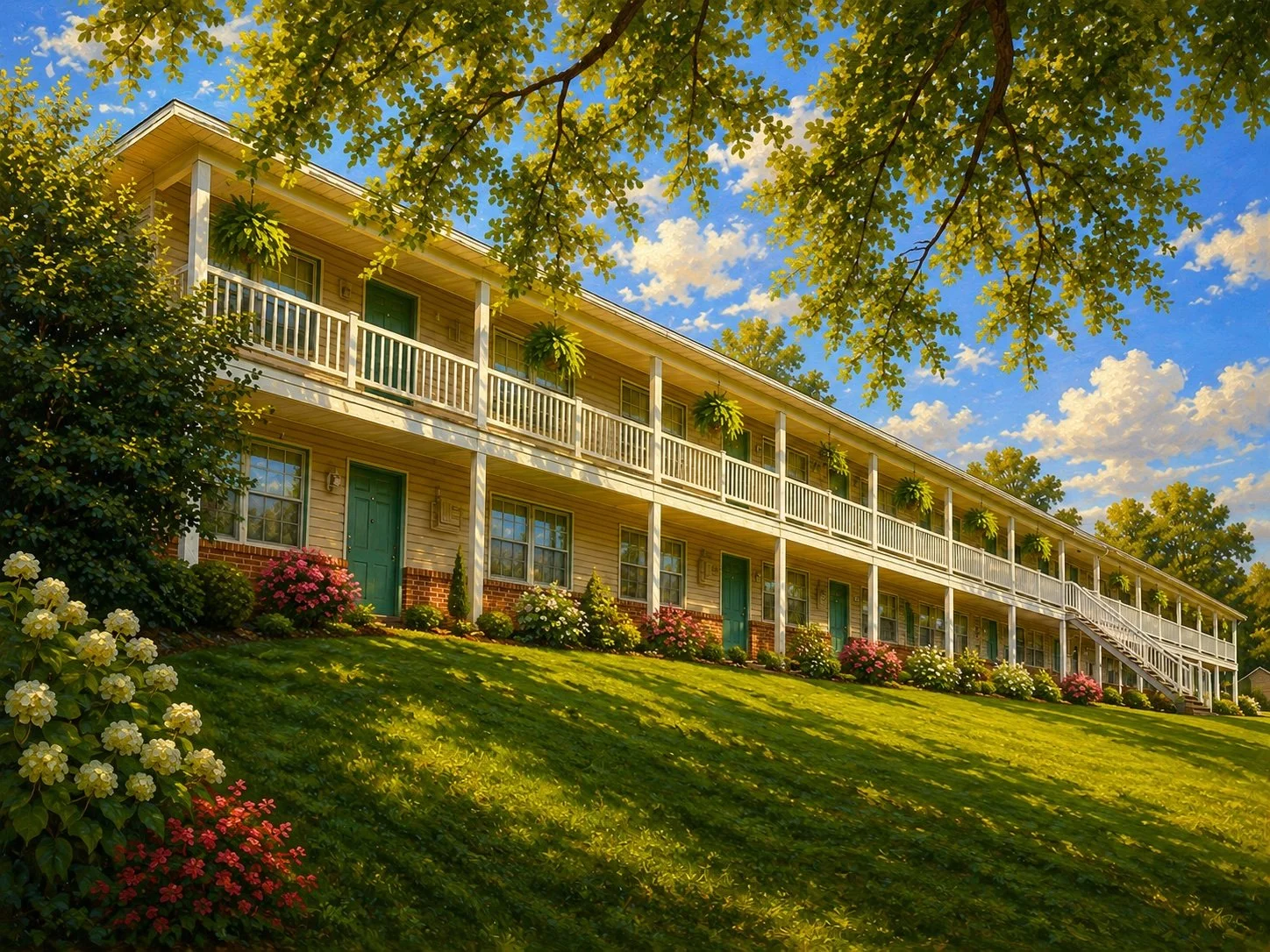 Multi-story residential building with a green door, surrounded by flowers and greenery, under a tree with a bright blue sky and clouds.