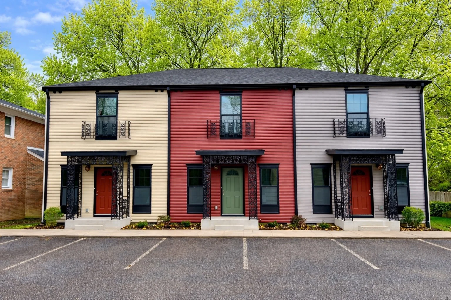 A three-story residential building with a colorful exterior, featuring red, beige, and light gray siding, black ornamental balconies, and three front doors with small steps and landscaped small bushes, set against a backdrop of green trees and a partly cloudy sky.