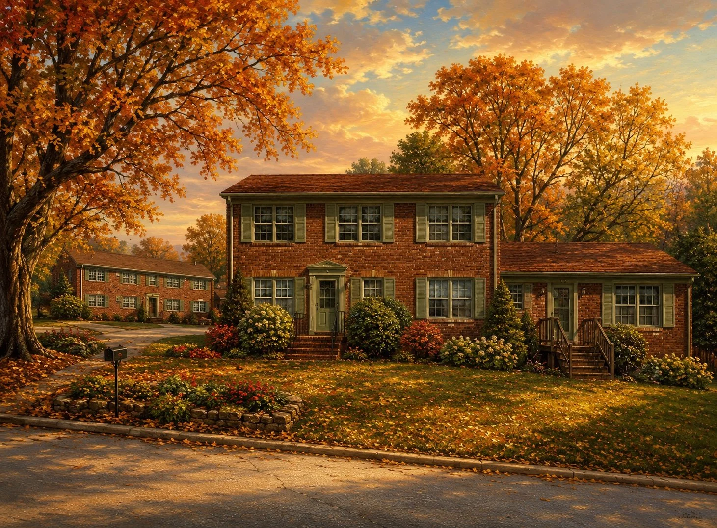 A brick house with green shutters and steps leading to the front door, surrounded by fall foliage and trees with orange leaves, during sunset.