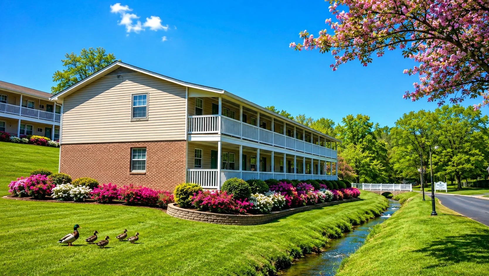 A beige and brick apartment building with white railings, surrounded by colorful flowers and green lawn, with a small creek and ducks in front, under a bright blue sky with trees and a pink flowering tree on the right.