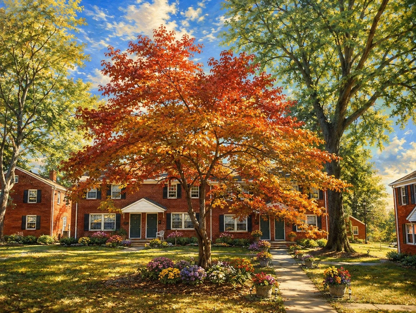 A residential neighborhood featuring brick houses with front yards decorated with colorful flowers, tall trees with green and orange leaves, a blue sky with some clouds, and a sidewalk leading to the entrances of the homes.