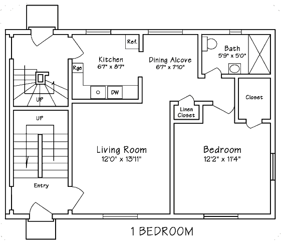 Floor plan of a one-bedroom apartment showing an entry, living room, kitchen, dining alcove, bathroom, bedroom, closet, and linen closet.