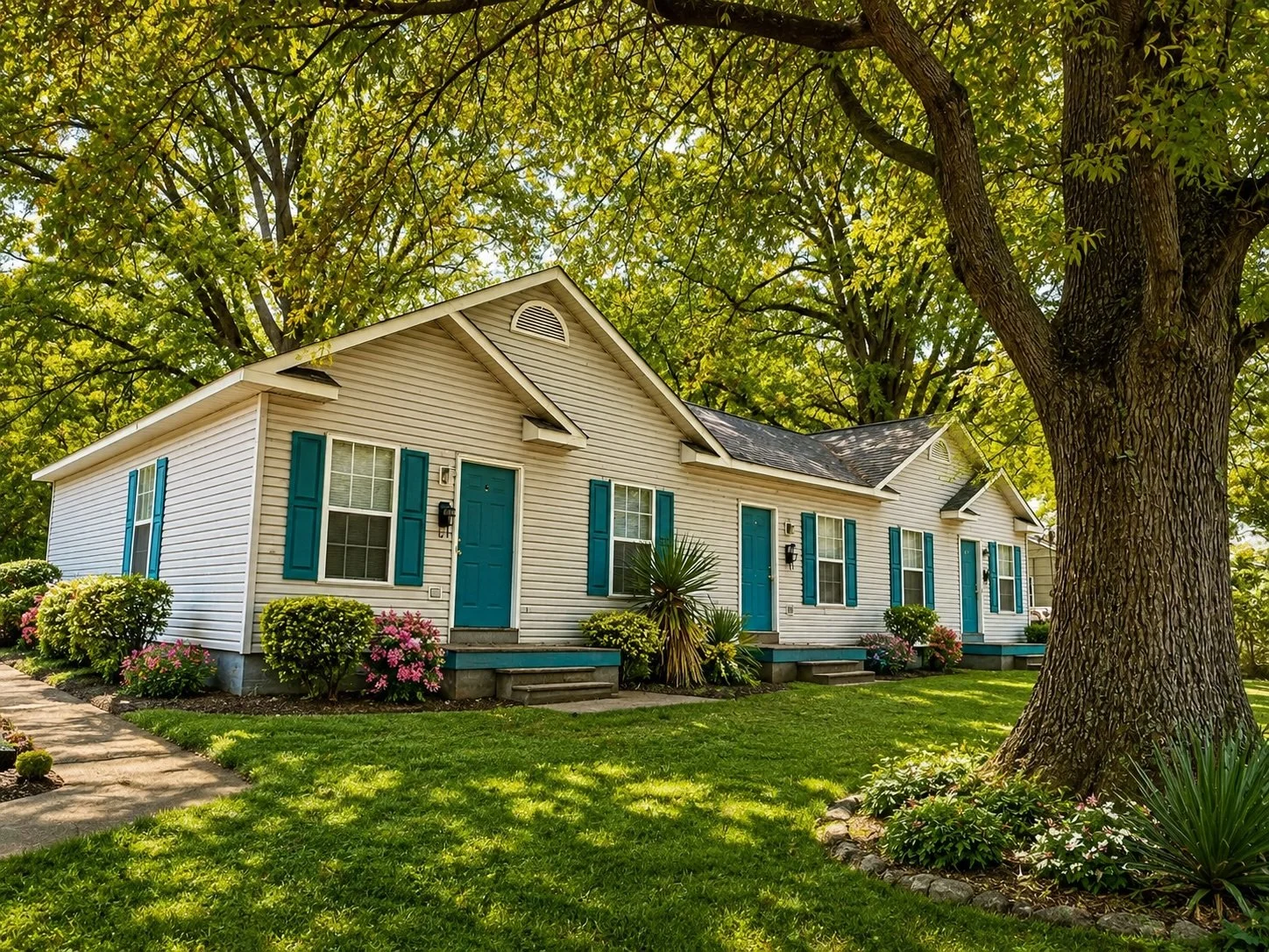 A white multi-unit house with blue shutters, surrounded by green landscaping and large trees.