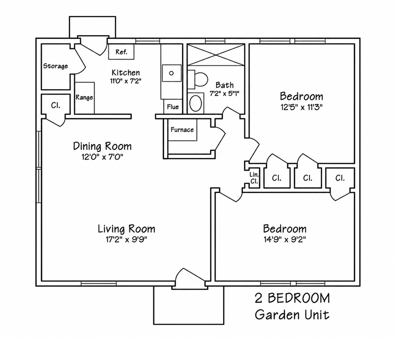 Floor plan of a 2-bedroom garden unit apartment showing rooms including a living room, dining room, kitchen, two bedrooms, bathroom, storage, and closet spaces.