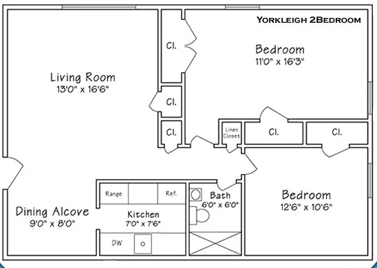 Floor plan of a two-bedroom apartment, including a living room, dining alcove, kitchen, bathroom, linen closet, and two bedrooms with closets.