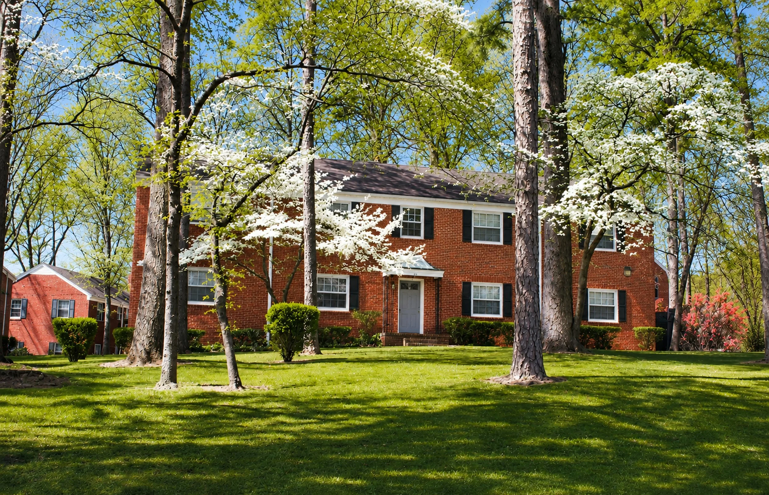 A red brick two-story house with white-framed windows, surrounded by a well-maintained lawn and trees with white blossoms and green leaves on a sunny day.