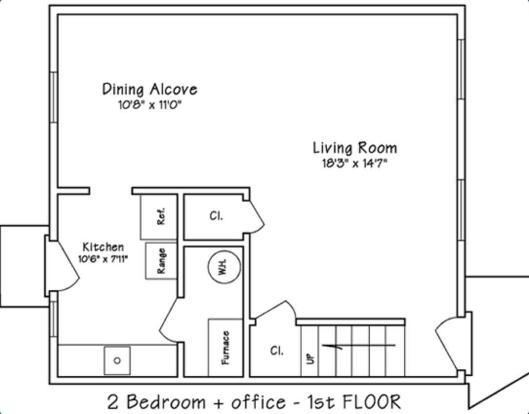 Floor plan of a first-floor two-bedroom apartment with an office, featuring a kitchen, living room, dining alcove, closets, and a staircase.